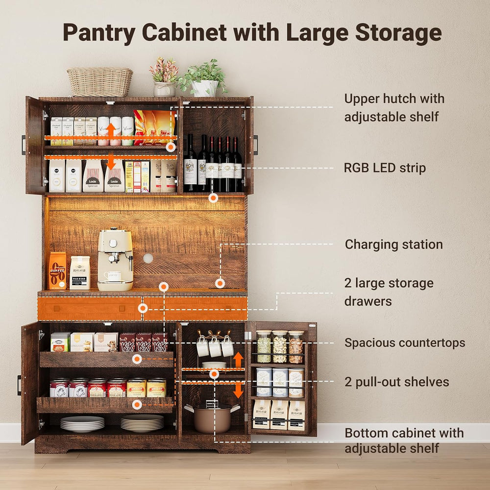 ELYKEN 71" Kitchen Pantry Storage Cabinet with Outlet & LED Lights, ...
