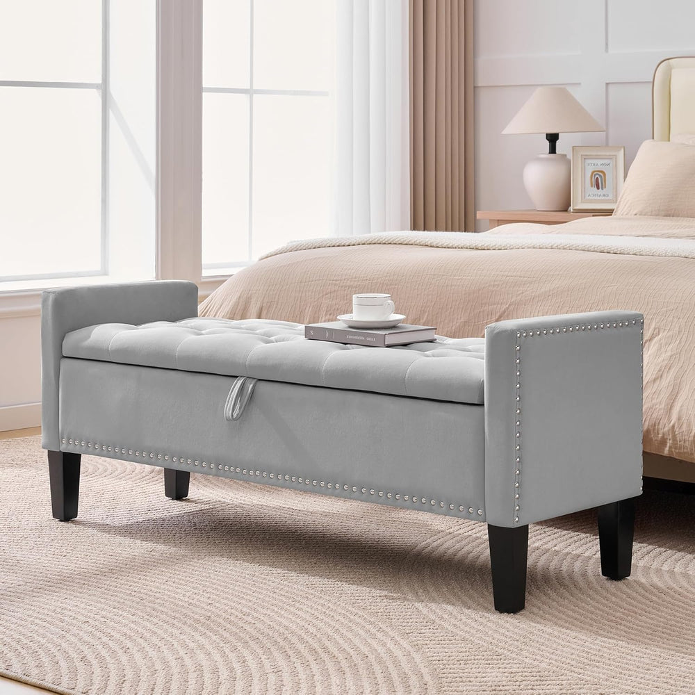 Storage Ottoman Bench, Velvet Upholstered Footstool for Bedroom and Living Ro...
