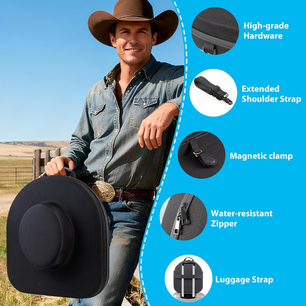 Cowboy Hat Case for Travel, Crushproof Box for Panama & Tweed, Hat Carrier with Adjustable Strap, Fedora Hat Storage For Travel Outdoors and Home(Upgrade Large) (Black)