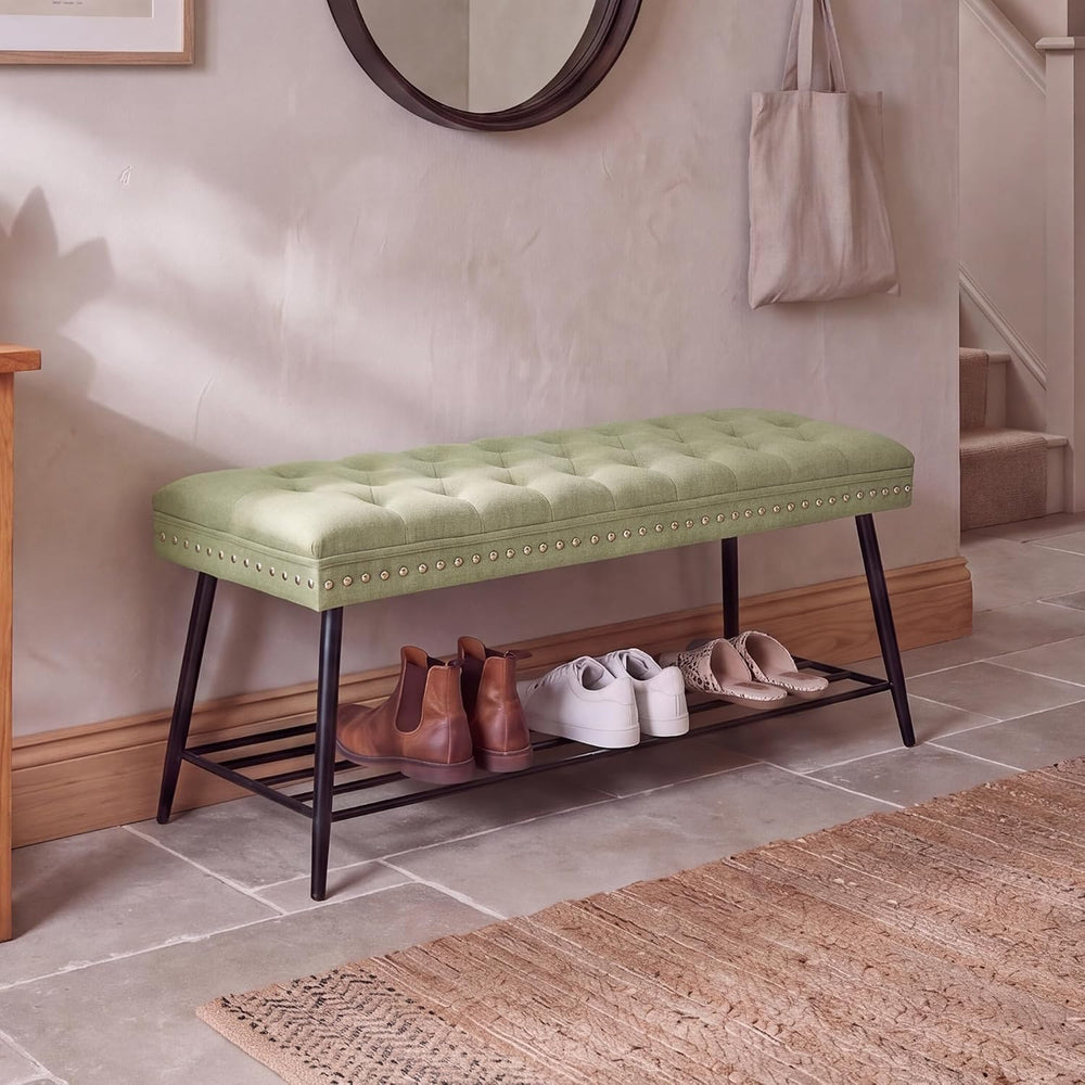 Thick Cushioned Shoe Bench, Entryway Bench with Metal Shoe Rack, Upholstered ...