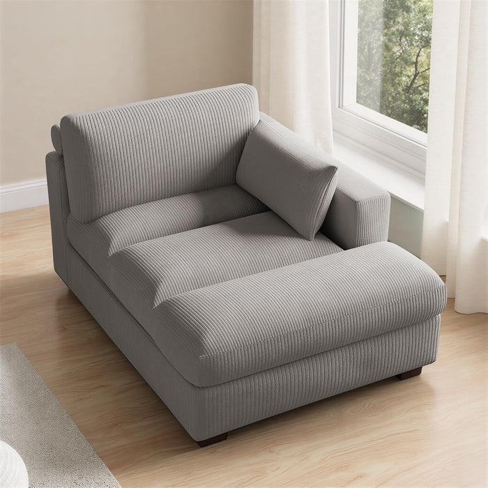 Oversized Corduroy Chaise Lounge Chair with Left Armrest & Cushion, Comfy Upholstered Sleeper Sofa Indoor Recliner Seat Solid Wood Couch w/Washable Cover for Bedroom, Living Room - Light Gray