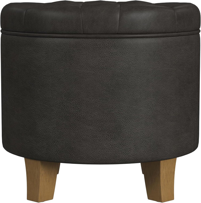 HomePop 19" Faux Leather Button Tufted Round Storage Ottoman - Black