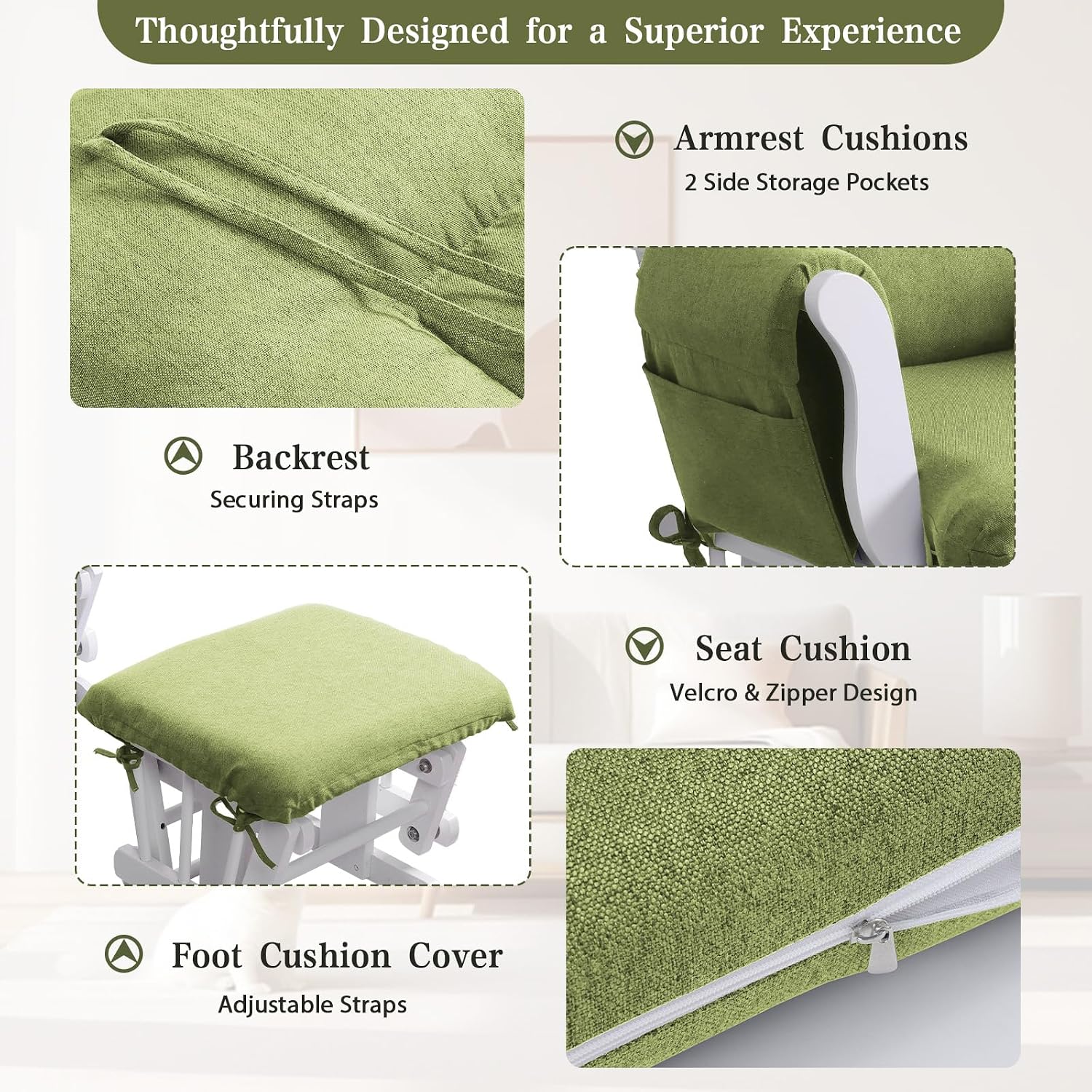 ANMINY 5pcs Glider Rocker Replacement Cushions Set - Thickened Glider Rocking Chair Cushions with 29.5 inch High Backrest & Side Pockets for Indoor Nursery, Washable & Non Slip, Green