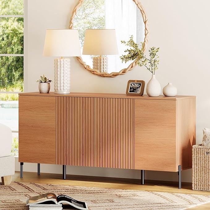 WAMPAT 61.6" TV Stand Cabinets for TVs up to 70 Inches, Entertainment Center with Storage Cabinets and 4 Doors, Mid Century Modern Media TV Console Table for Living Room Bedroom,Mocha