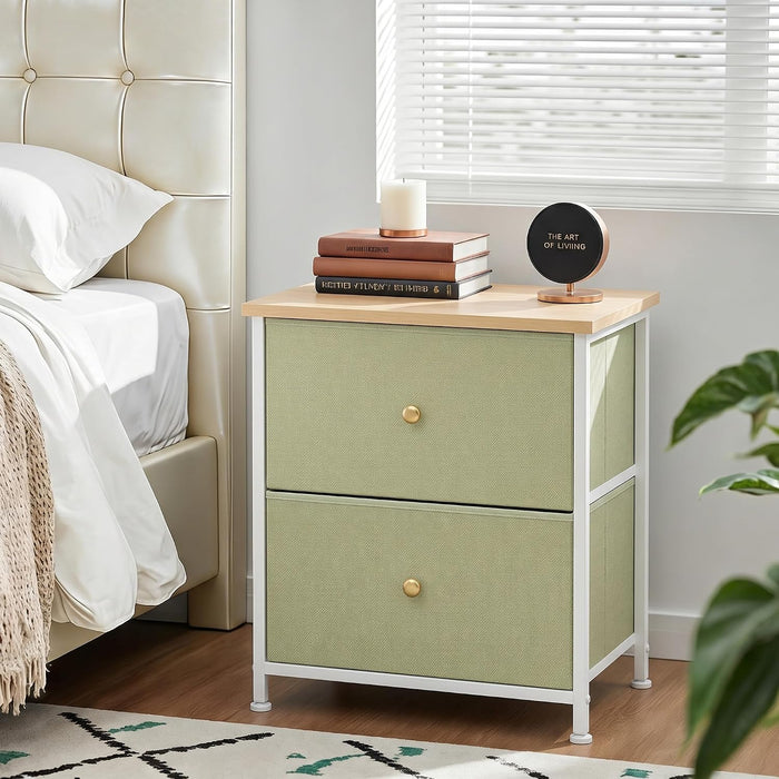 2 Drawer Fabric Nightstand, Bedside Table with Wooden Top, Light Green | Small Dresser for Bedroom with Wooden Top and Steel Frame Bedside Table Storage Organizer for Closets, Entryways and Dorms