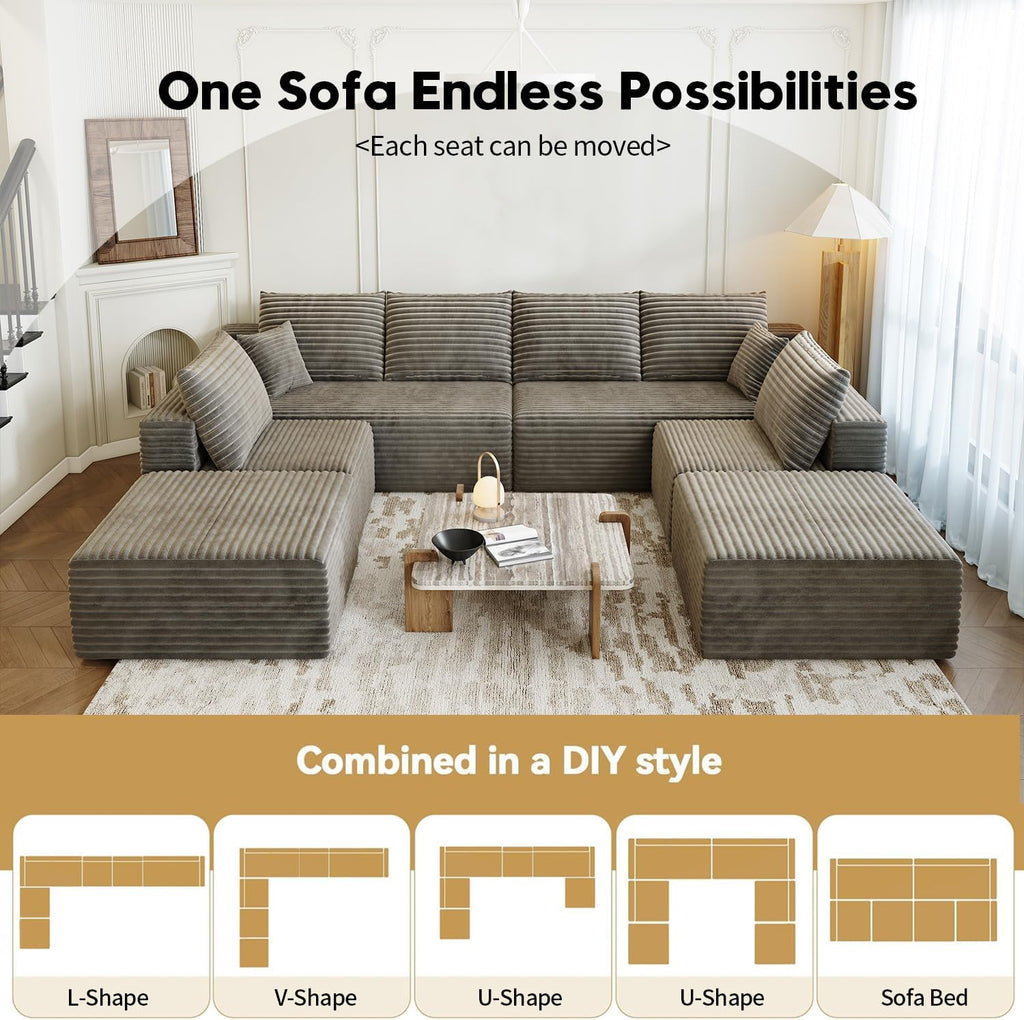 139.4" Modular Sectional Sofa Couch, Oversized U-Shaped Minimalist Couches with 2 Ottomans Chaise and 2 Middle Seats, Modern Deep Seat Cloud Plush Corduroy Sofas Set for Living Room, 8 Seater, Camel