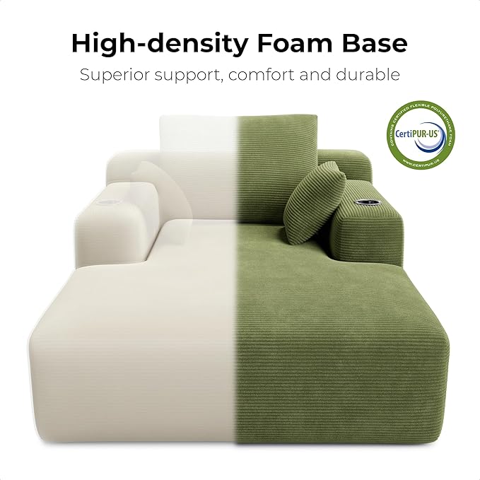 LIKIMIO 71.6" Oversized Chaise Lounge Chair Indoor with Cup Holders & Storage - Corduroy Sofa Bed for Living Room, Reading Nook, or Bedroom, No Assembly Cloud Couch (Green)