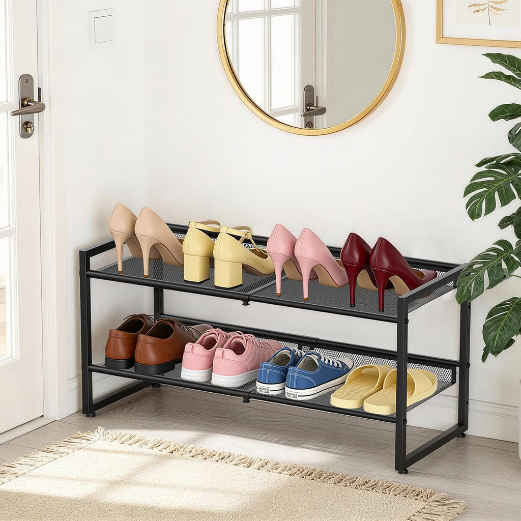 Expandable Shoe Rack, 2 Tier Adjustable Shoe Organizer with Flat & Slant Dual Use Design, Space Saving Shoes Stand for Closet & Entryway, Sturdy Dense Metal Grid Shoe Holder for High Heels, Sneakers