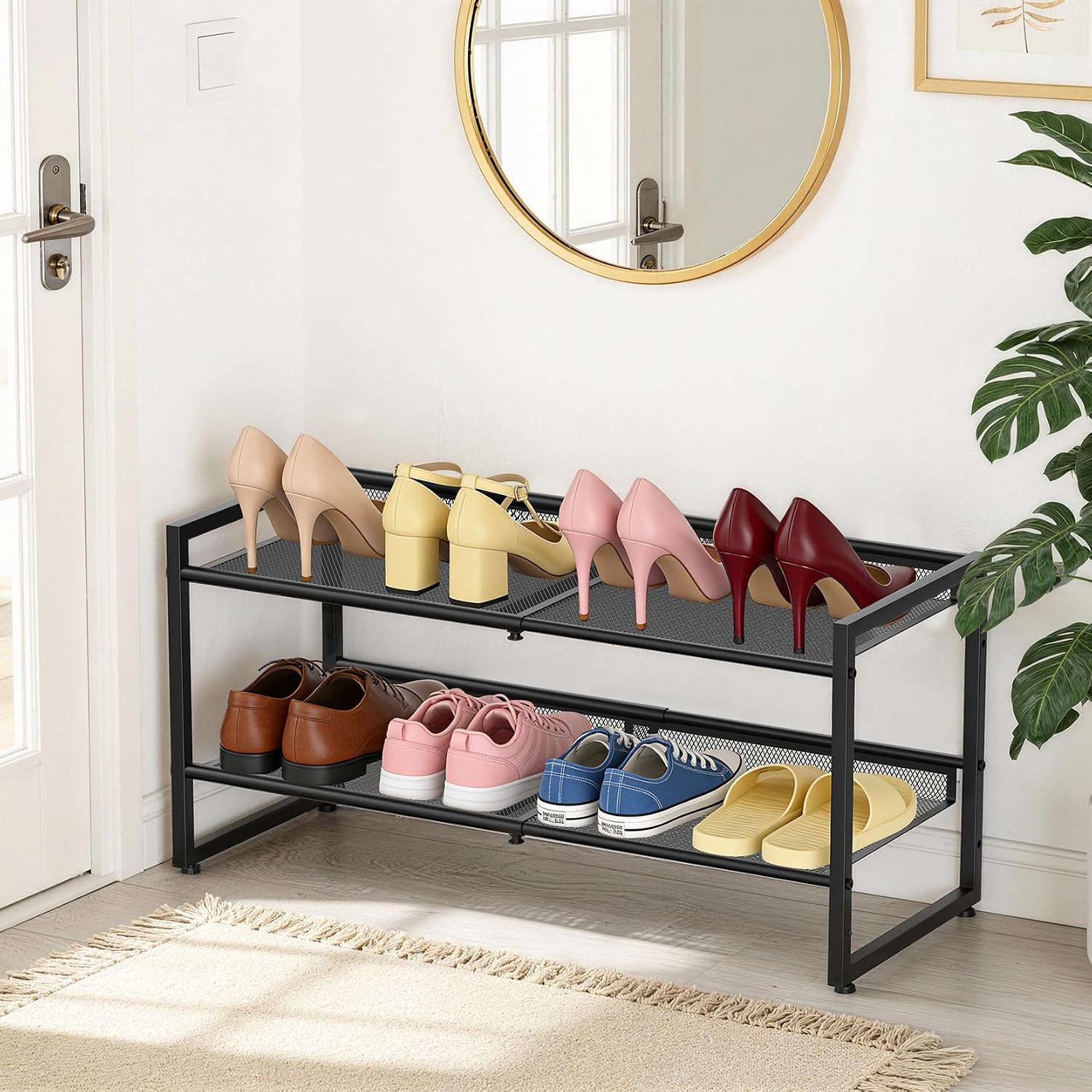 Expandable Shoe Rack, 2 Tier Adjustable Shoe Organizer with Flat & Slant Dual Use Design, Space Saving Shoes Stand for Closet & Entryway, Sturdy Dense Metal Grid Shoe Holder for High Heels, Sneakers