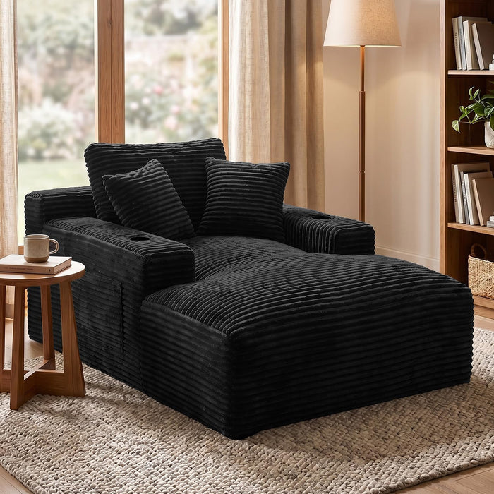 50" x 76" Corduroy Chaise Lounge Sofa Bed with Cup Holders, Black