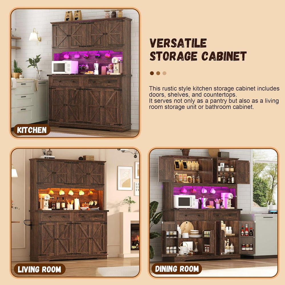 71" Tall Large Pantry Storage Cabinet w/Power Outlet,55" Wide Farmh...