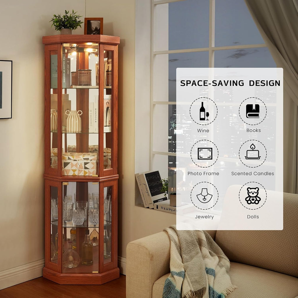 Corner Curio Cabinet, 70" H Lighted Glass Display Cage with Tempered Glass Doors and Adjustable Shelves, Bulb Inclued, Wine Bar China Cabinet for Living Room Liquor Storage (Dark Oak)