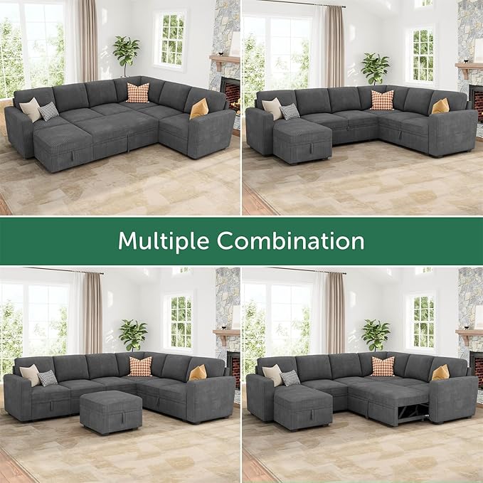 HONBAY Modular Sectional Couch with Pull Out Bed, Corduroy Sleeper Sofa with Storage Ottoman, U Shaped Sectional Couches for Living Room, Dark Grey