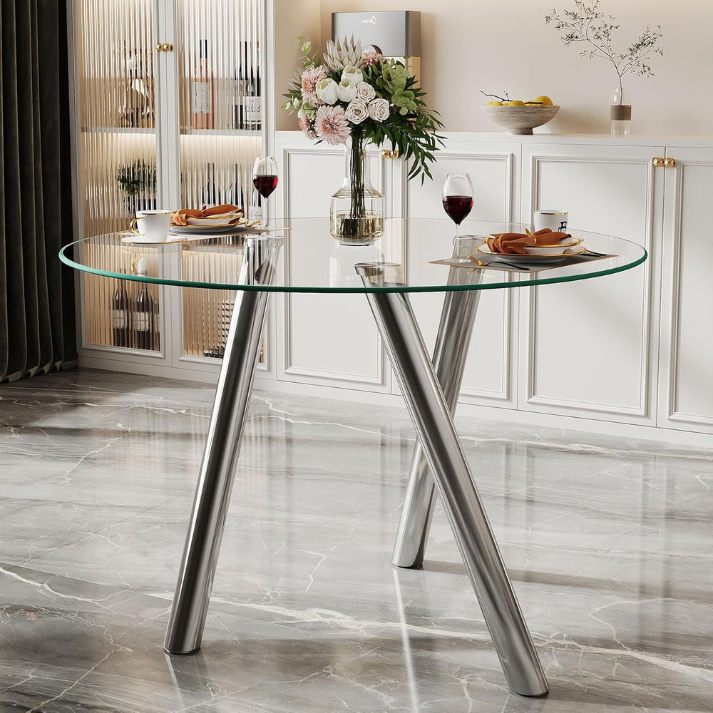 35" Round Dining Table for 4, Modern Round Glass Dining Table with Metal...