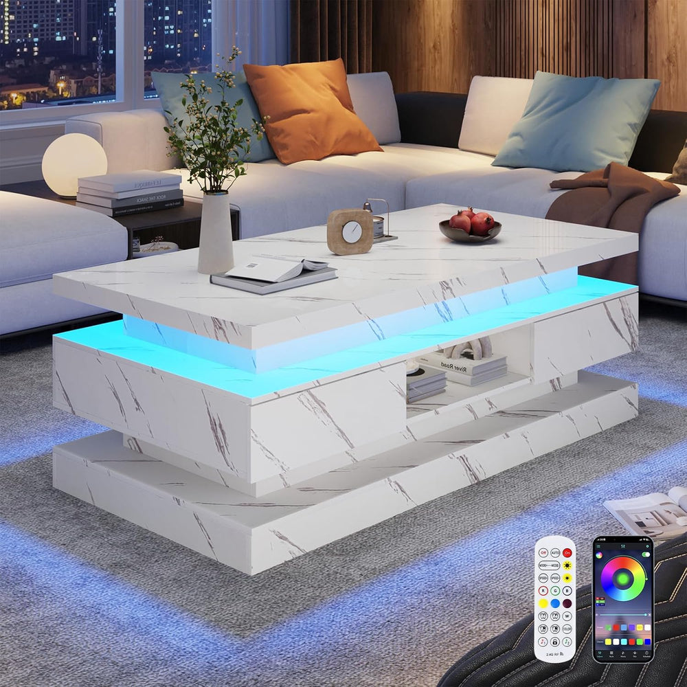 47.2 Inch Modern High Glossy LED Coffee Table with 2 Sliding Drawers, Double-...