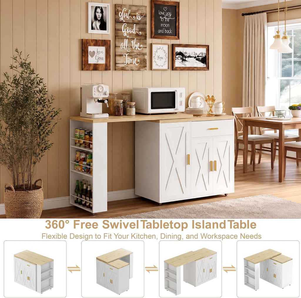 DreamDashio Kitchen Island with Storage, Rolling Kitchen Island with Swivel Table, Drawers & Shelves, Mobile Kitchen Island Cart with 360° Swivel Extendable Dining Table for Kitchen, Dining Room