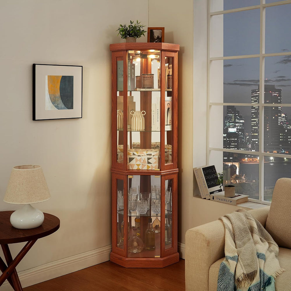 Tall Corner Cabinet with Glass Doors, Lighted Glass Display Curio Cabinet wit...