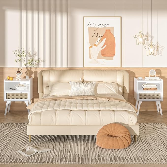 Lerliuo Rattan Nightstands Set of 2, Bedside Table with Drawer Open Shelf, Ca...
