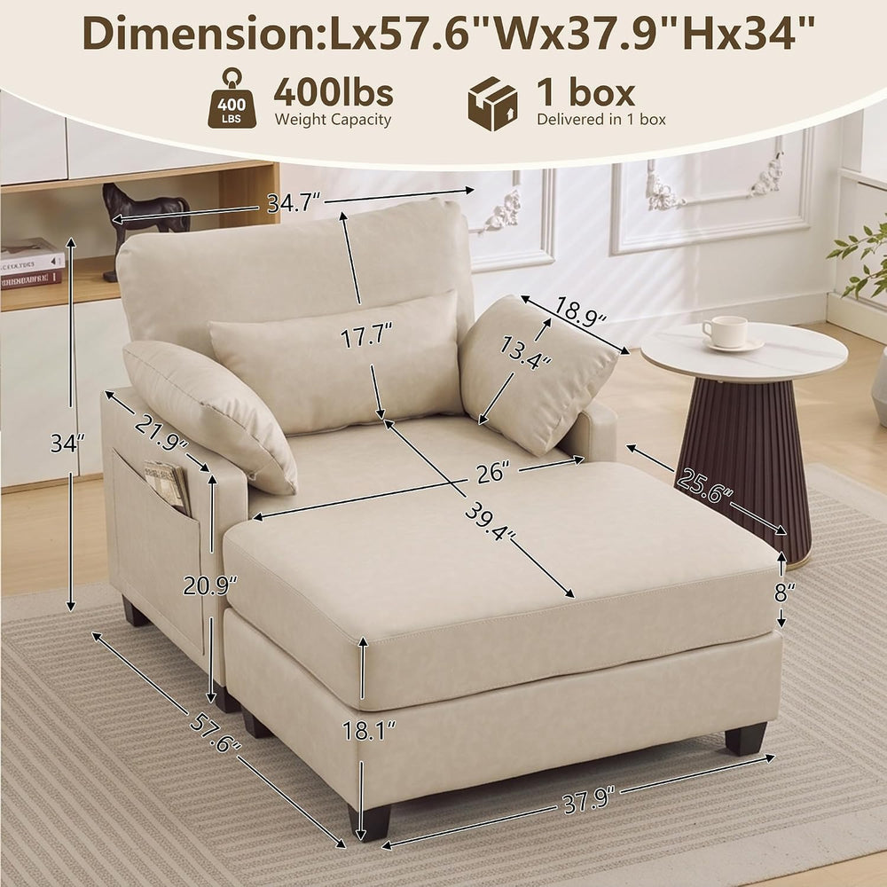 58" Oversized Faux Leather Chaise Lounge Chair Indoor, Mid Century Moder...