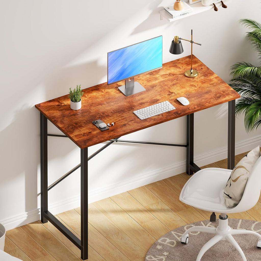 OLIXIS Home Office Computer Desk, Small Office 40-inch Writing and Study Desk, Bedroom Table with Metal Frame and Wooden Top, Compact Modern Study Table for Home Use, Rustic Brown