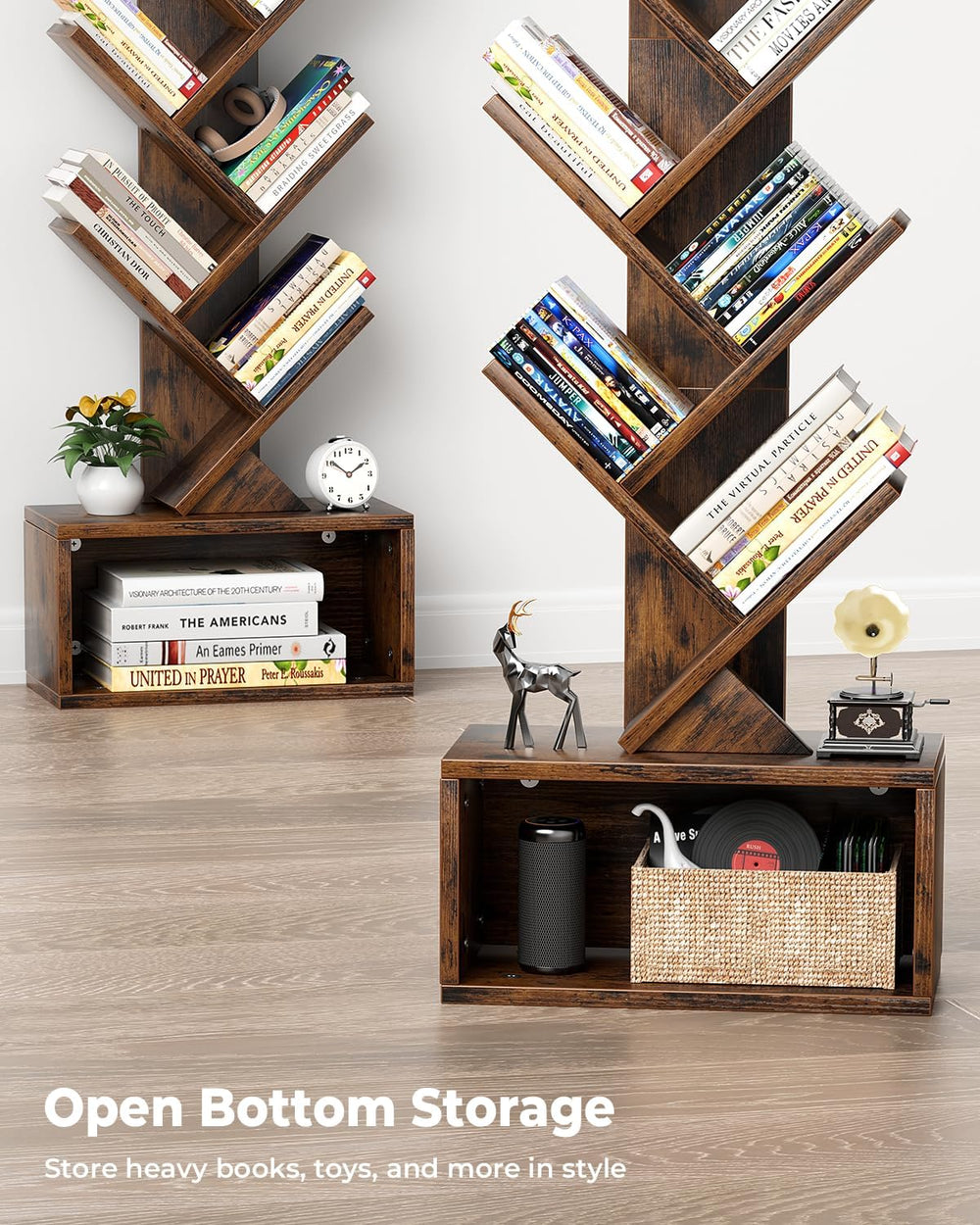 Evermagin 6 Tier Tree Bookshelf with Light, Bookcase, Rustic Brown | Narrow T...