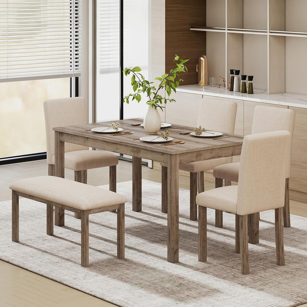 Zevemomo 6-Piece Solid Wood Dining Table Set, Including 1 Dining Table, 4 Uph...