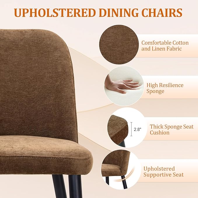 Upholstered Dining Chairs Set of 2 Modern Kitchen Chairs Chenille Fabric Dining Room Chairs High-Back Padded Dining Chairs with Metal Legs for Kitchen Dining Room Restaurant Cafe Hotel, Brown
