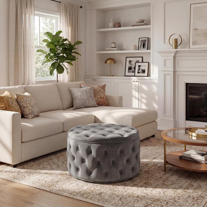 Homebeez 28 Inch Round Storage Ottoman, Velvet Button Tufted Ottoman, Removable Lid Coffee Table, Upholstered Hidden Storage Footrest Stool for Living Room, Bedroom, Gray