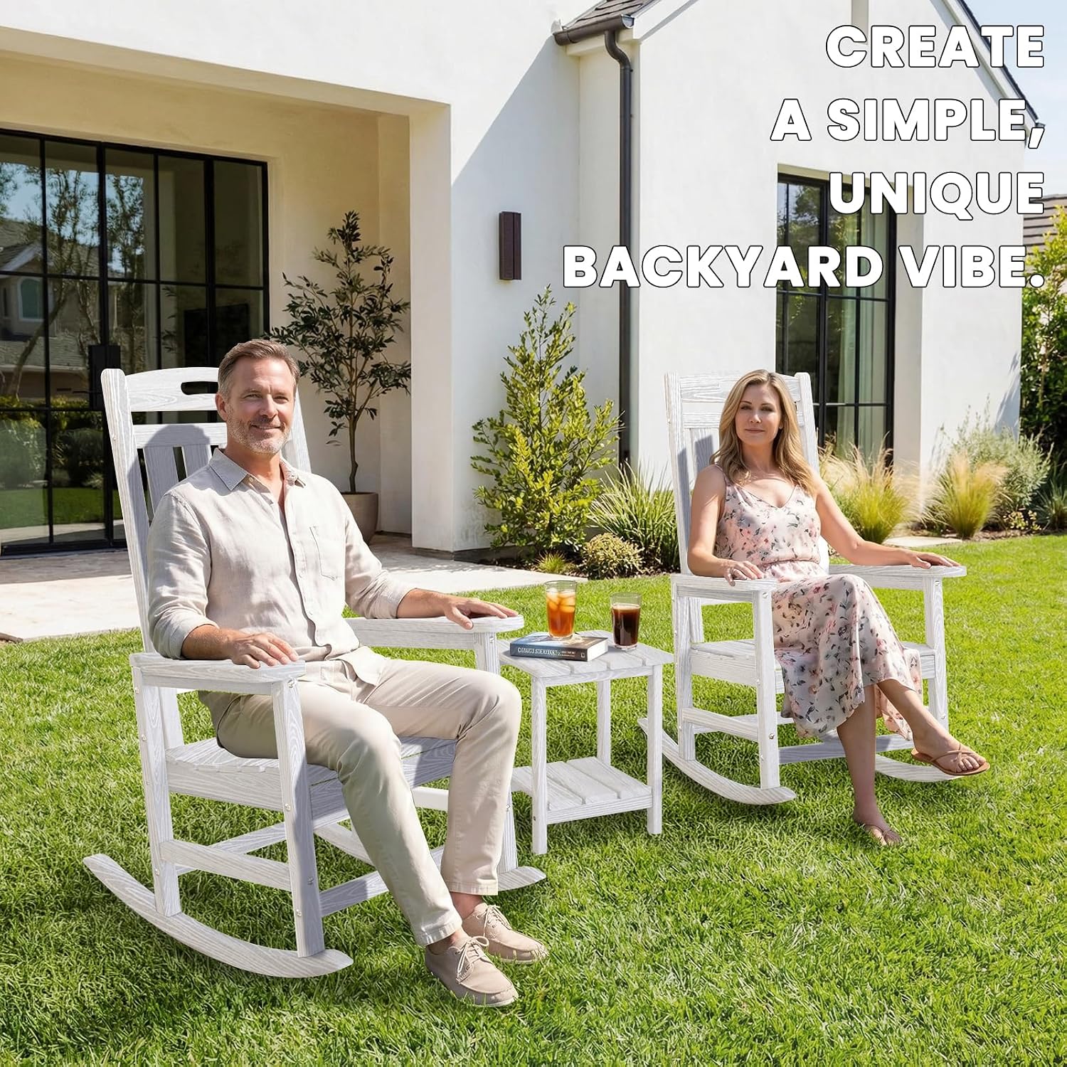 Outdoor Rocking Chair, High Back HDPE Patio Chair, All Weather Rocker Porch Chair, Lawn Chair for Deck, Porch, Backyard, Garden and Indoor, White