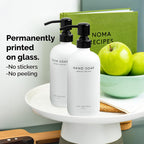 Vine Creations White Glass Soap Dispenser Set, Dish Soap and Hand Soap Dispenser Set with Stainless Steel Pump, 16 oz Glass Dispensers for Kitchen or Bathroom Decor (Matte White Bottle/Matte Black)