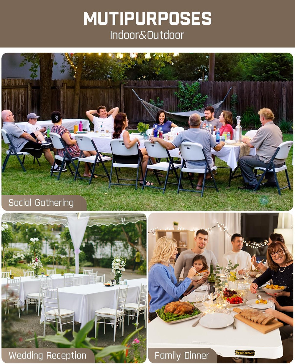 FanttikOutdoor 8ft Folding Table with Six Legs, 500 LBS, Party, Camping | Hea...