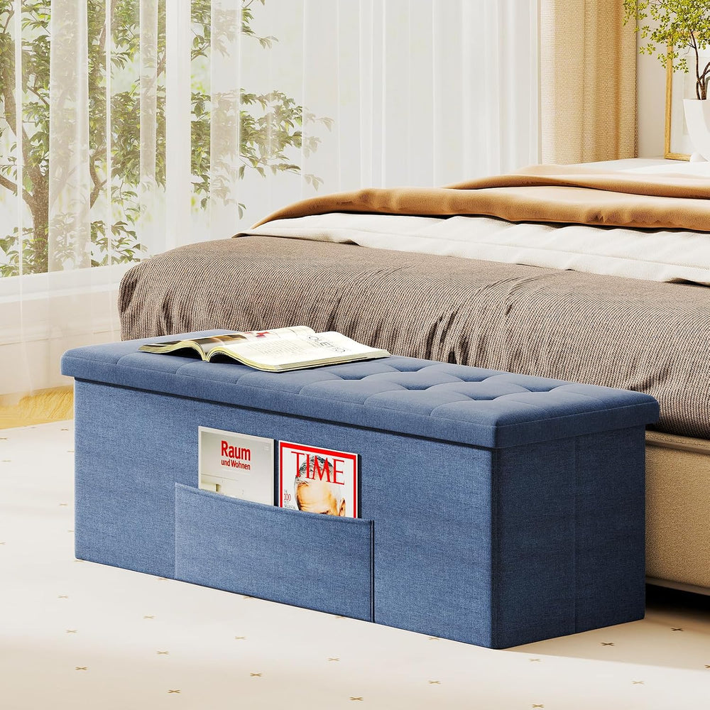 GOFLAME 43 Inches Folding Storage Ottoman Bench, Linen Fabric End of Bed Benc...