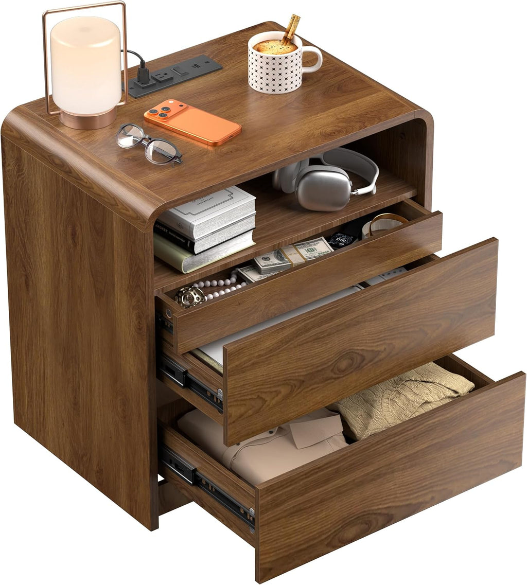23.8" Modern Nightstand with Hidden Drawers Walnut Night Stand | Walnut Night Stand with Charger Station Soft-Close Drawers Nightstand Mid Century Bedside Table for Bedroom