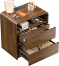 23.8" Modern Nightstand with Hidden Drawers Walnut Night Stand | Walnut Night Stand with Charger Station Soft-Close Drawers Nightstand Mid Century Bedside Table for Bedroom