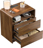 23.8" Modern Nightstand with Hidden Drawers Walnut Night Stand | Walnut Night Stand with Charger Station Soft-Close Drawers Nightstand Mid Century Bedside Table for Bedroom