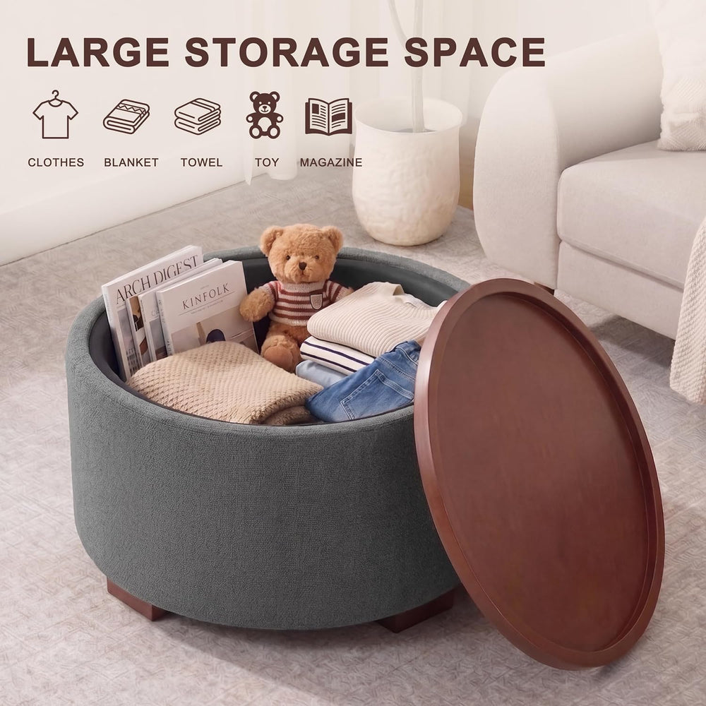 29.1 Inch Round Ottoman Coffee Table, Ottoman with Storage, Boucle Grey | Sto...