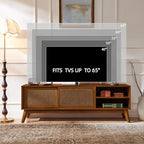 LKTART Mid Century Modern Rattan TV Stand for 65 Inch TV,59" Boho Media Console with Sliding Doors & Open Shelves,Solid Wood Legs for Living Room,Light Walnut