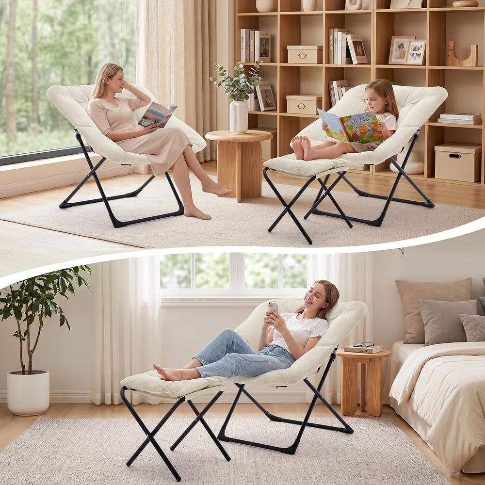 Saucer Chair with Ottoman, Foldable Living Room Chairs, Faux Fur Comfy Readin...