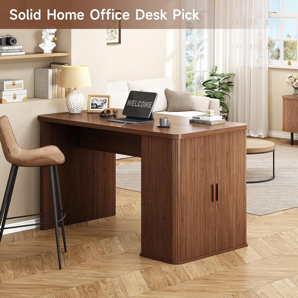 ONBRILL 61 Inch Fluted Kitchen Island with Storage Walnut | Counter Height Ta...