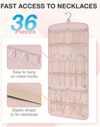 BAGSMART Hanging Jewelry Organizer, Necklace Holder Anti-tangle Earrings Rings Hanger with 20 Jewelry Bags Travel Storage Roll with Pockets Hang on Closet, Wall, Door,1 Piece, Large Pink