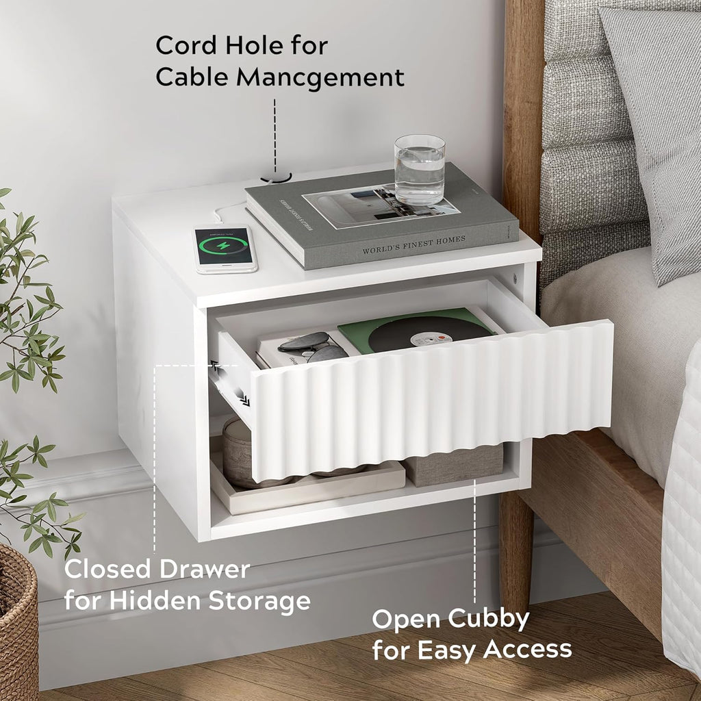 Fluted Floating Nightstand Set of 2 with Drawer, Modern Night Stand with Fluted Door and Open Storage Shelf Wall Mounted Bedside Table for Bedroom, Entryway White