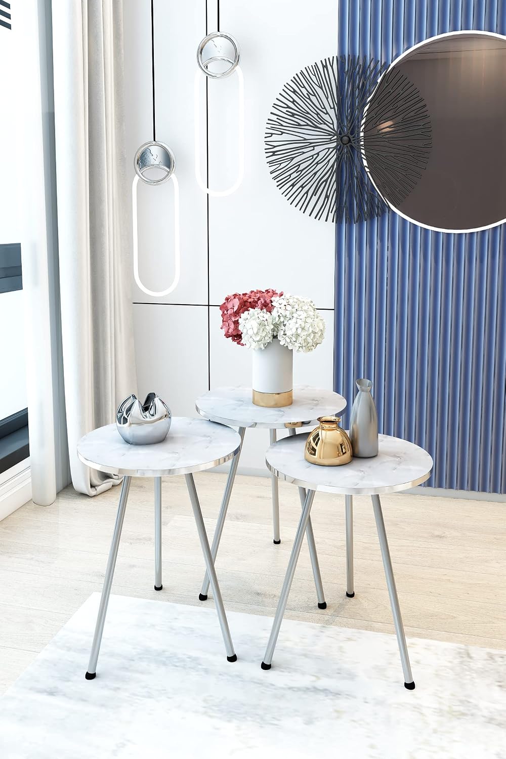 Set of 3 Nesting END Tables - Round Stacking Coffee Side Tables for Small Spa...