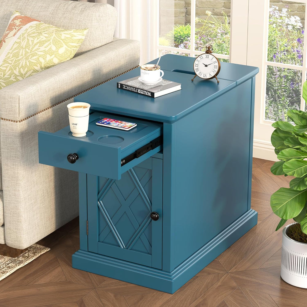 Polibi End Table with USB Ports and Storage, Bedside Table with Artistic Door...