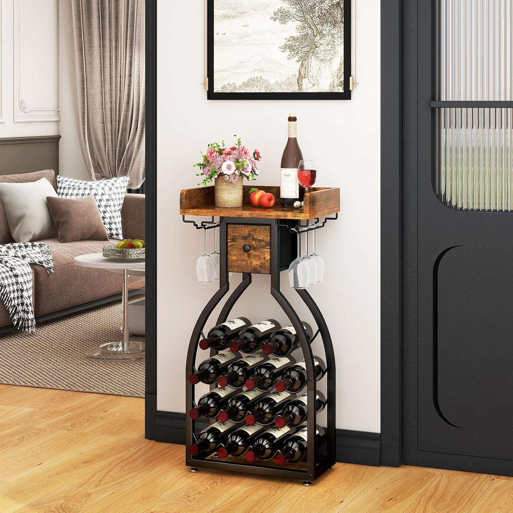 IBUYKE Wine Rack Freestanding Floor,15 Bottles,Glass Holder,Brown TMJ908H | M...