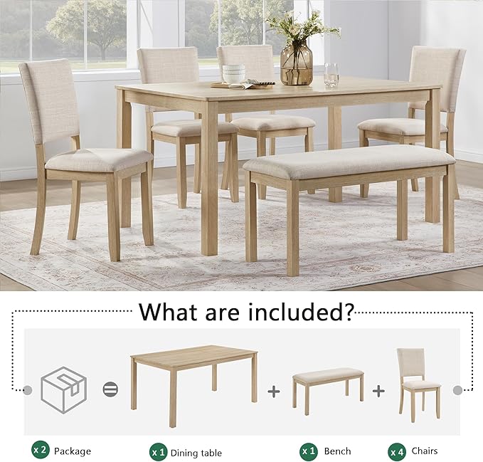 KEIKI 6-Piece Standard Height Dining Table Set with Rectangular Table, 4 Upholstered Chair, Bench, for 6 Person, Modern Style Wooden Table Set, Easy Assembly, for Kitchen, Dining Room, Light Oak