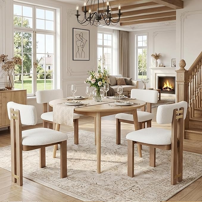 HNY Modern Farmhouse Boucle Sherpa Dining Chairs Set of 2, White Fabric Uphol...