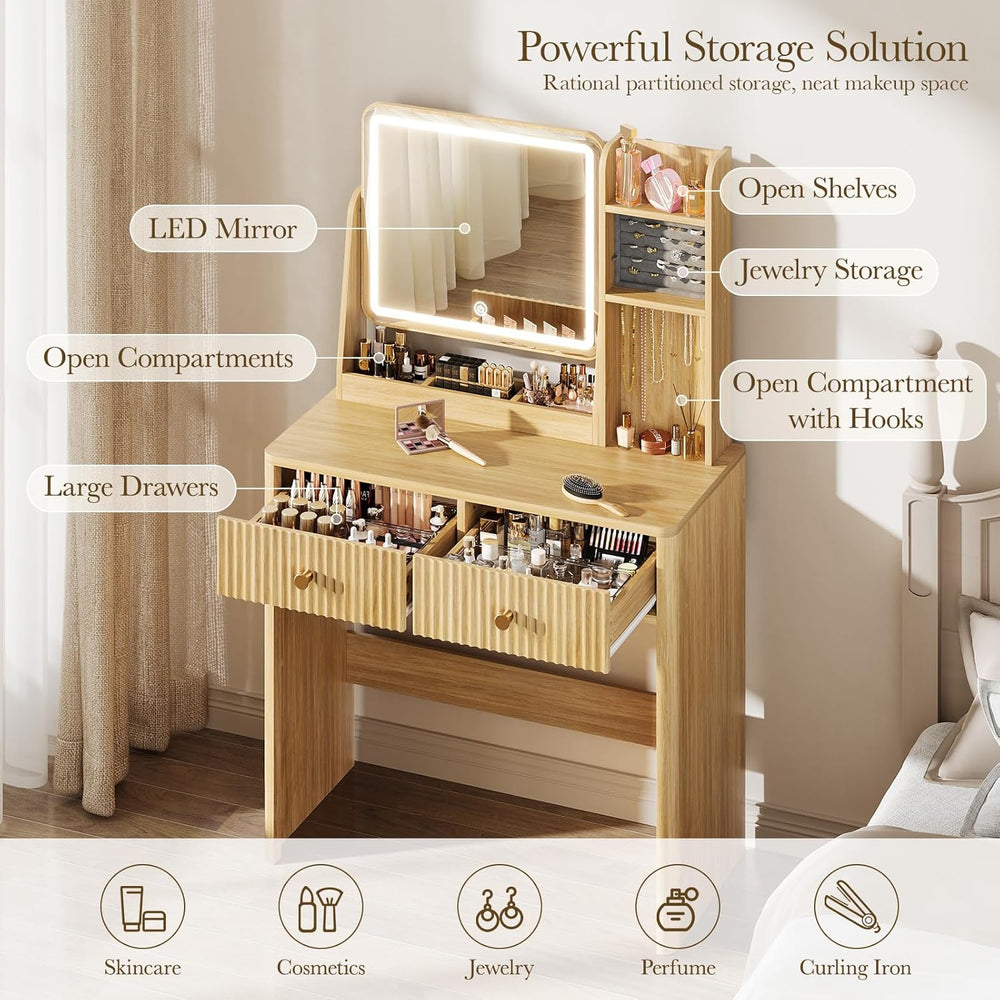 Memobarco Fluted Makeup Vanity Desk with Mirror and Lights | Small Vanity wit...