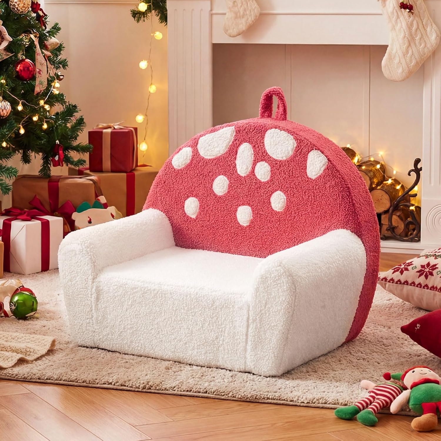 Costzon Kids Couch, Comfy Toddler Soft Sofa Chair with Fleece Fabric Cover, Kids Furniture for Playroom, Children Reading Armchair for Boys & Girls Gifts Aged 3+ (Medial,Red Mushroom)