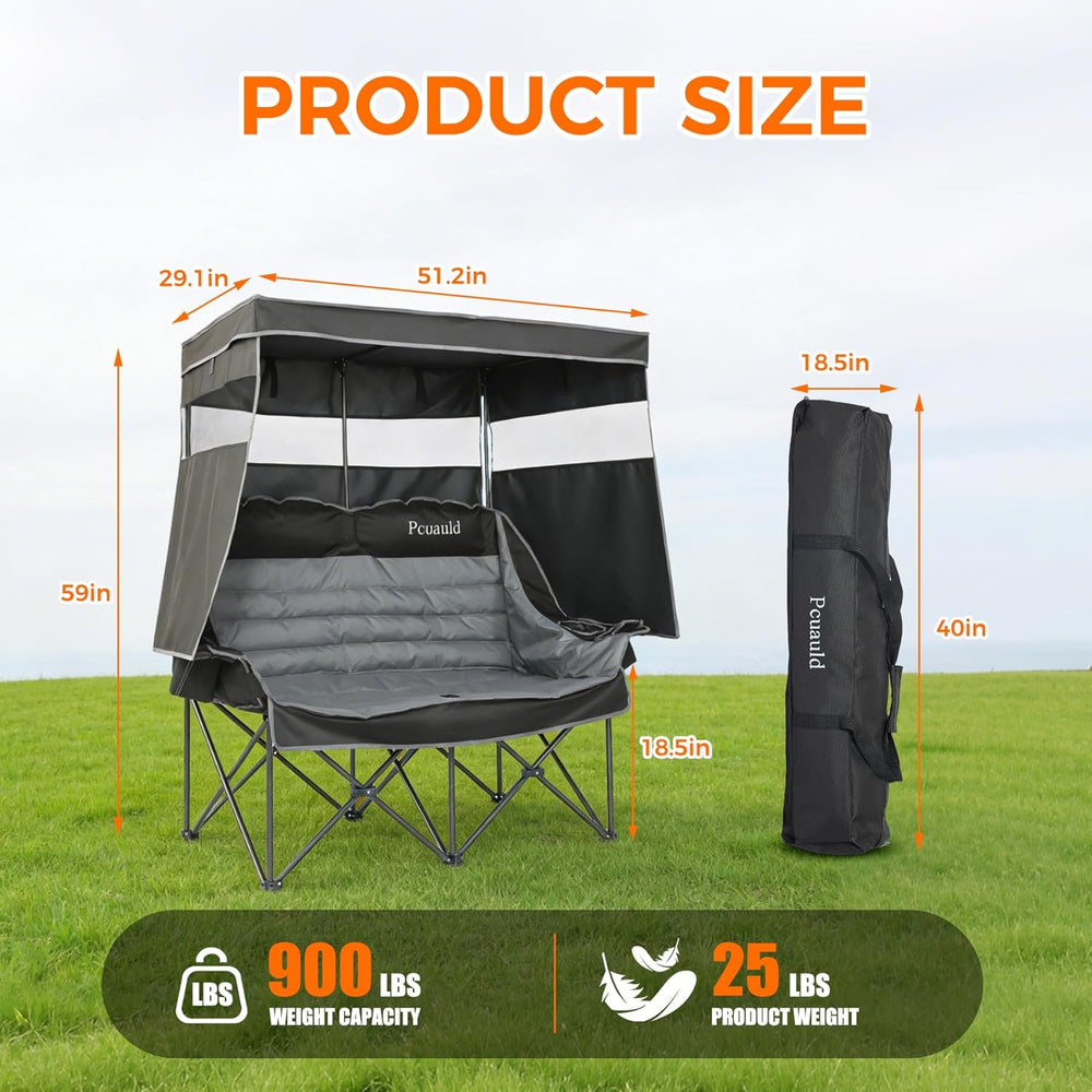 Double Camping Chair with Canopy Heavy Duty 2 Person Folding Loveseat Beach C...