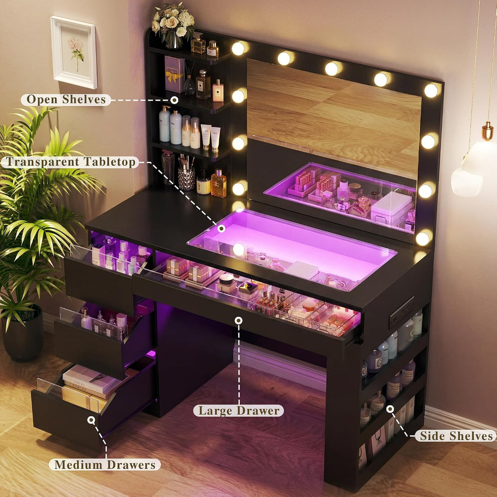 HUAHUU Vanity Desk with Lighted Mirror & Transparent Top, Makeup Vanity D...